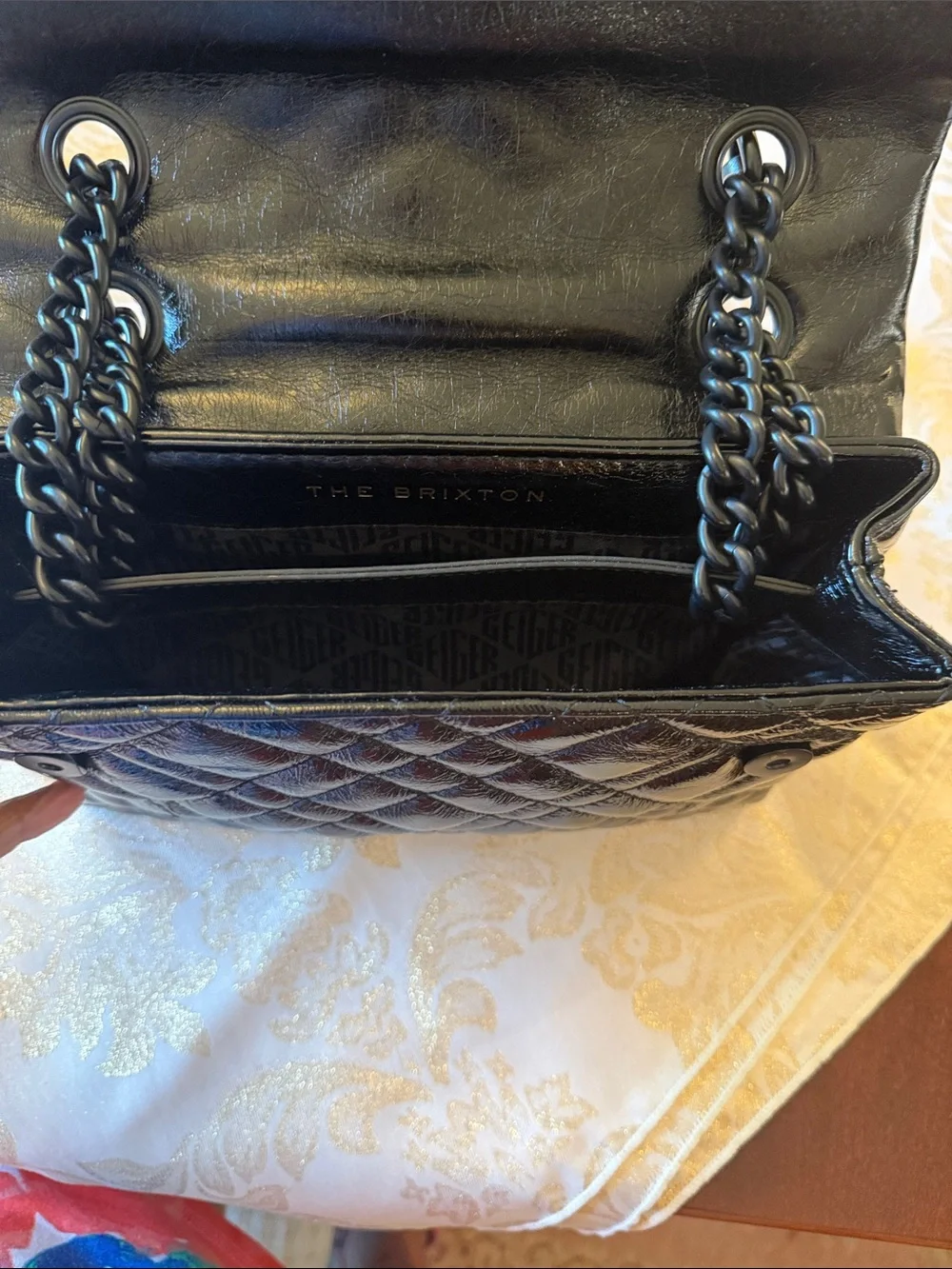 Kurt Geiger Black Quilted Patent Shoulder Bag with Chain Strap